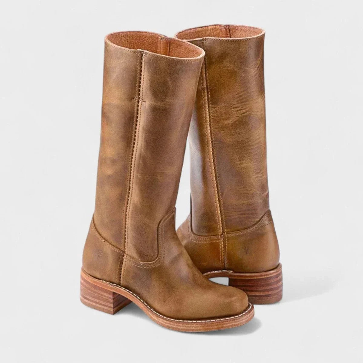 Women's leather knee-high western boots with center seam detail – Light Brown