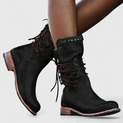 Women's leather knee-high boots with lace-up and studded cuff – Black