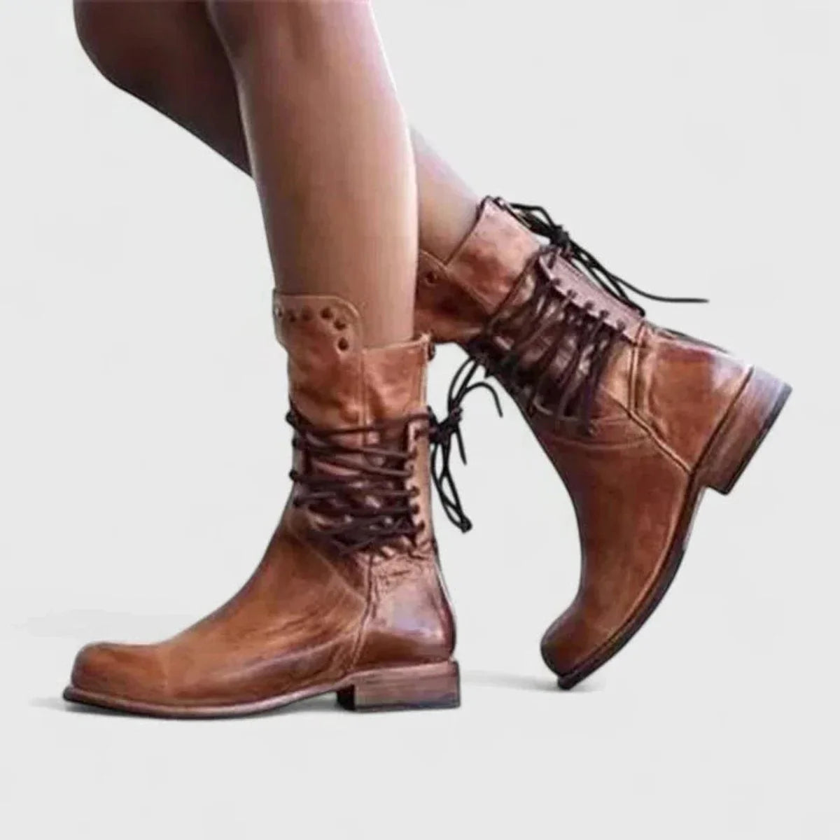 Women's leather knee-high boots with lace-up and studded cuff – Brown