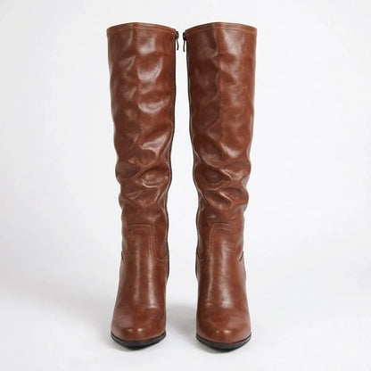 Women's leather knee-high boots with round toe and platform heel – Brown