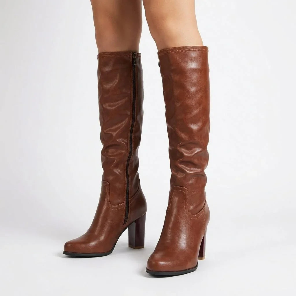 Women's leather knee-high boots with round toe and platform heel – Brown