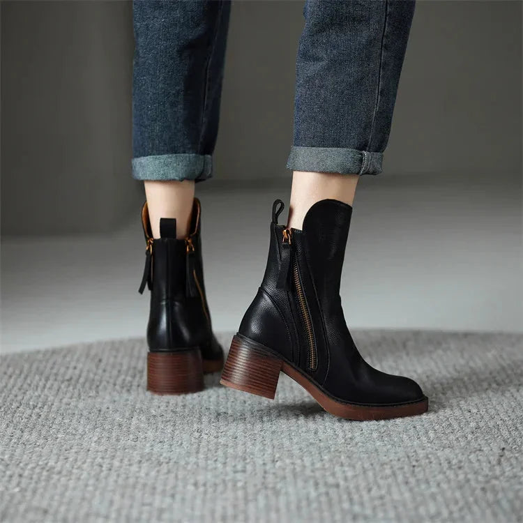 Women's block heel ankle boots with side zip closure