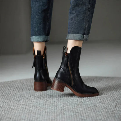 Women's block heel ankle boots with side zip closure