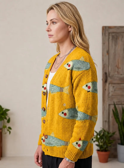 Women's oversized knit cardigan with fish print design – Multicolour