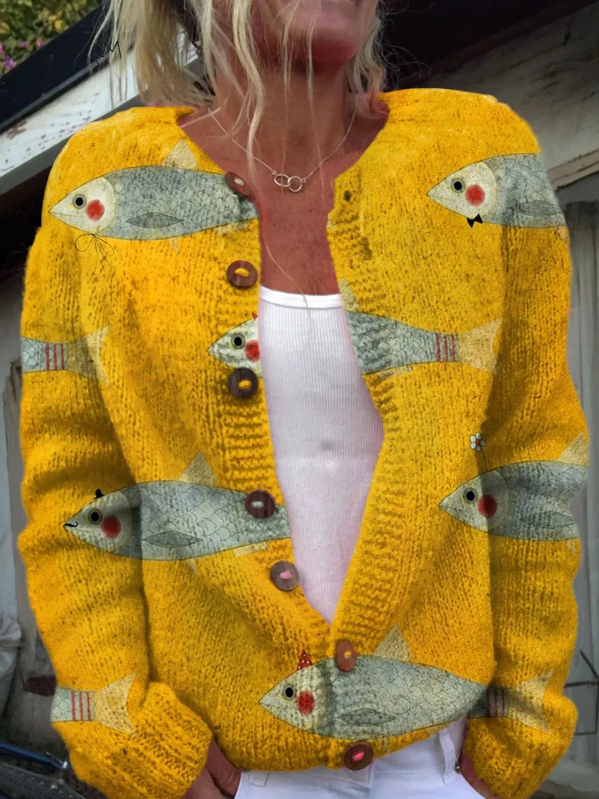 Women's oversized knit cardigan with fish print design – Multicolour