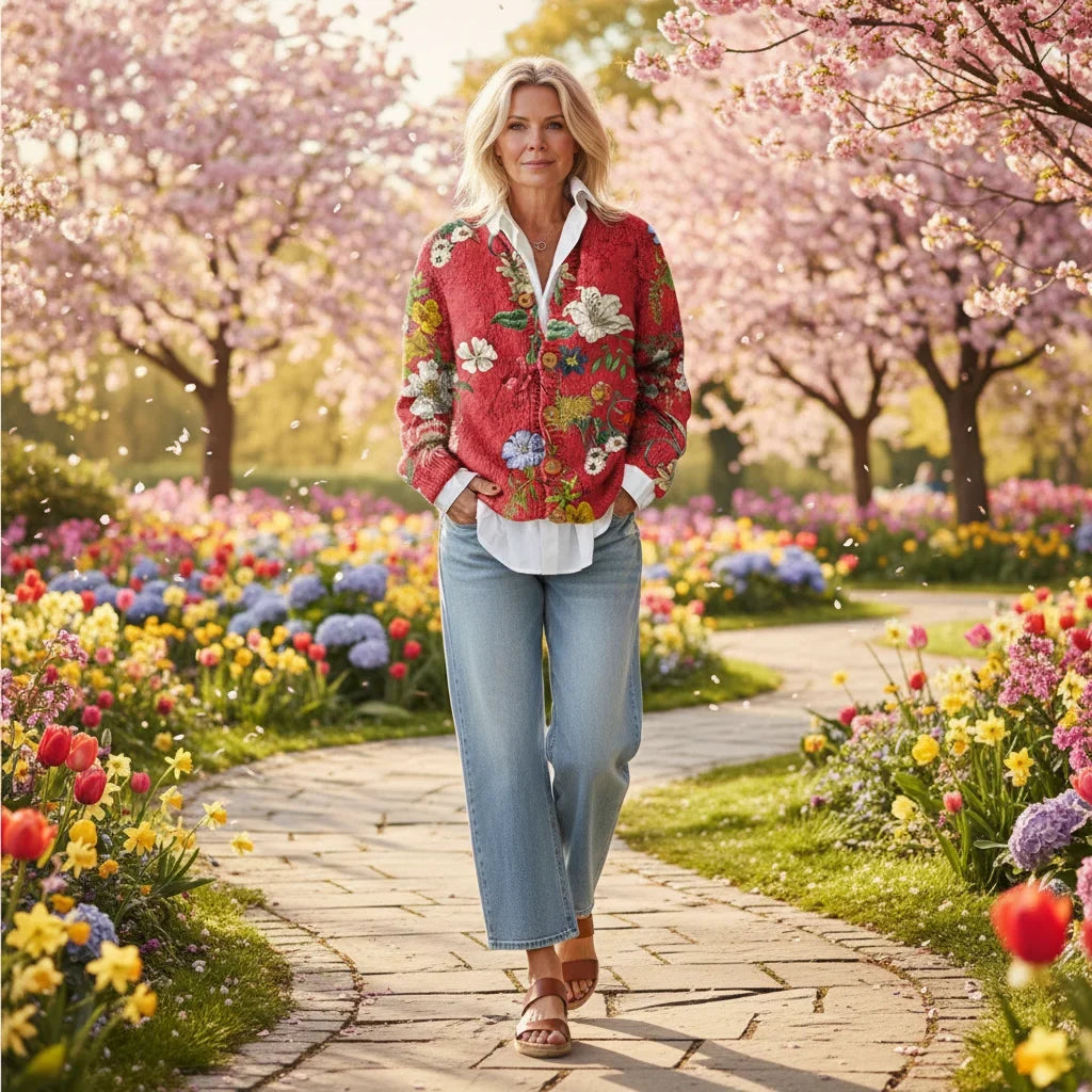 Women's quilted button-down cardigan with floral print – Red