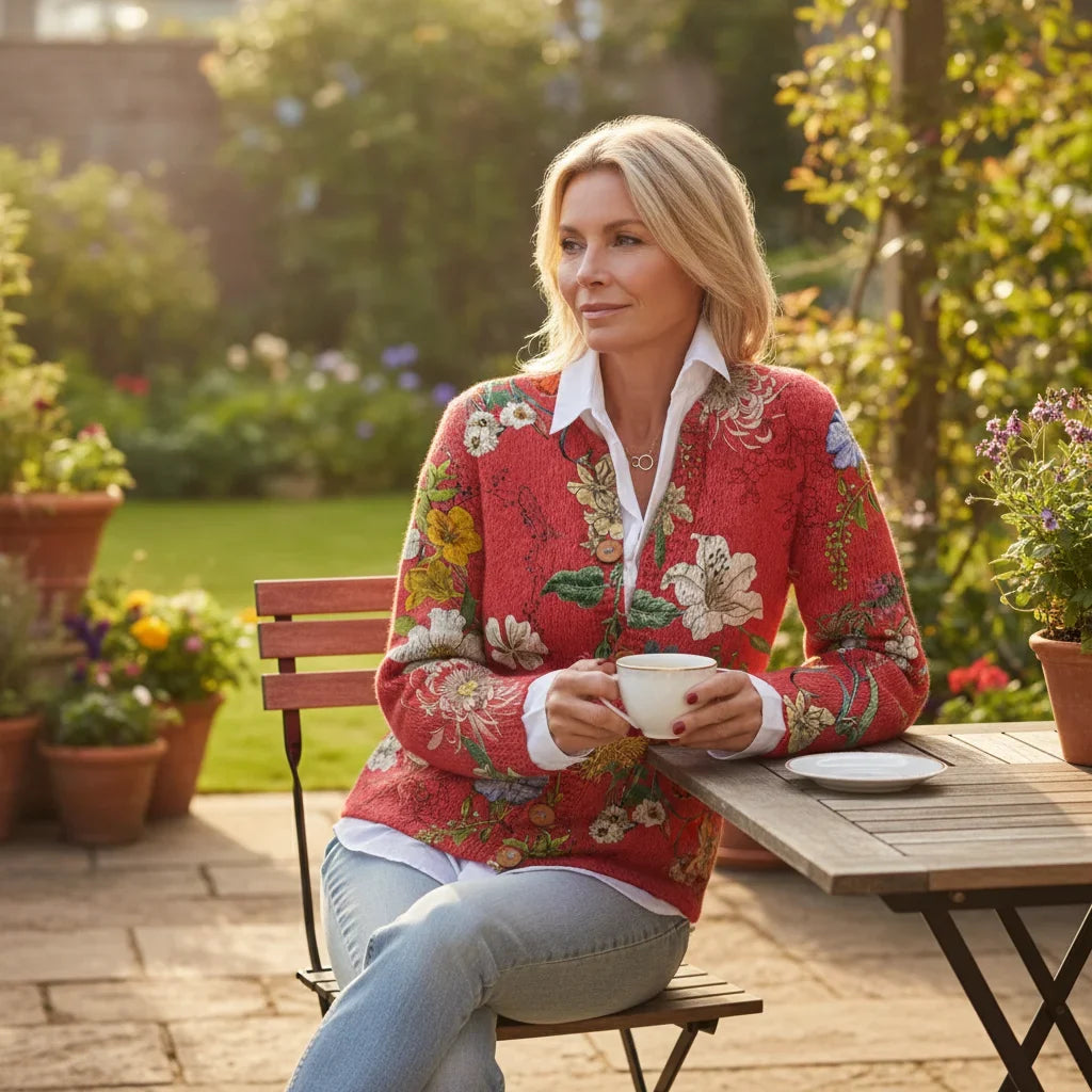 Women's quilted button-down cardigan with floral print – Red