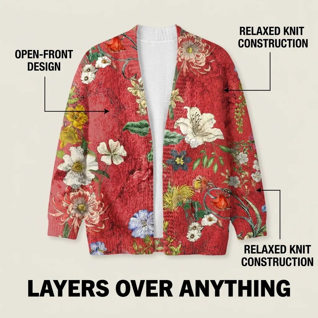 Women's quilted button-down cardigan with floral print – Red