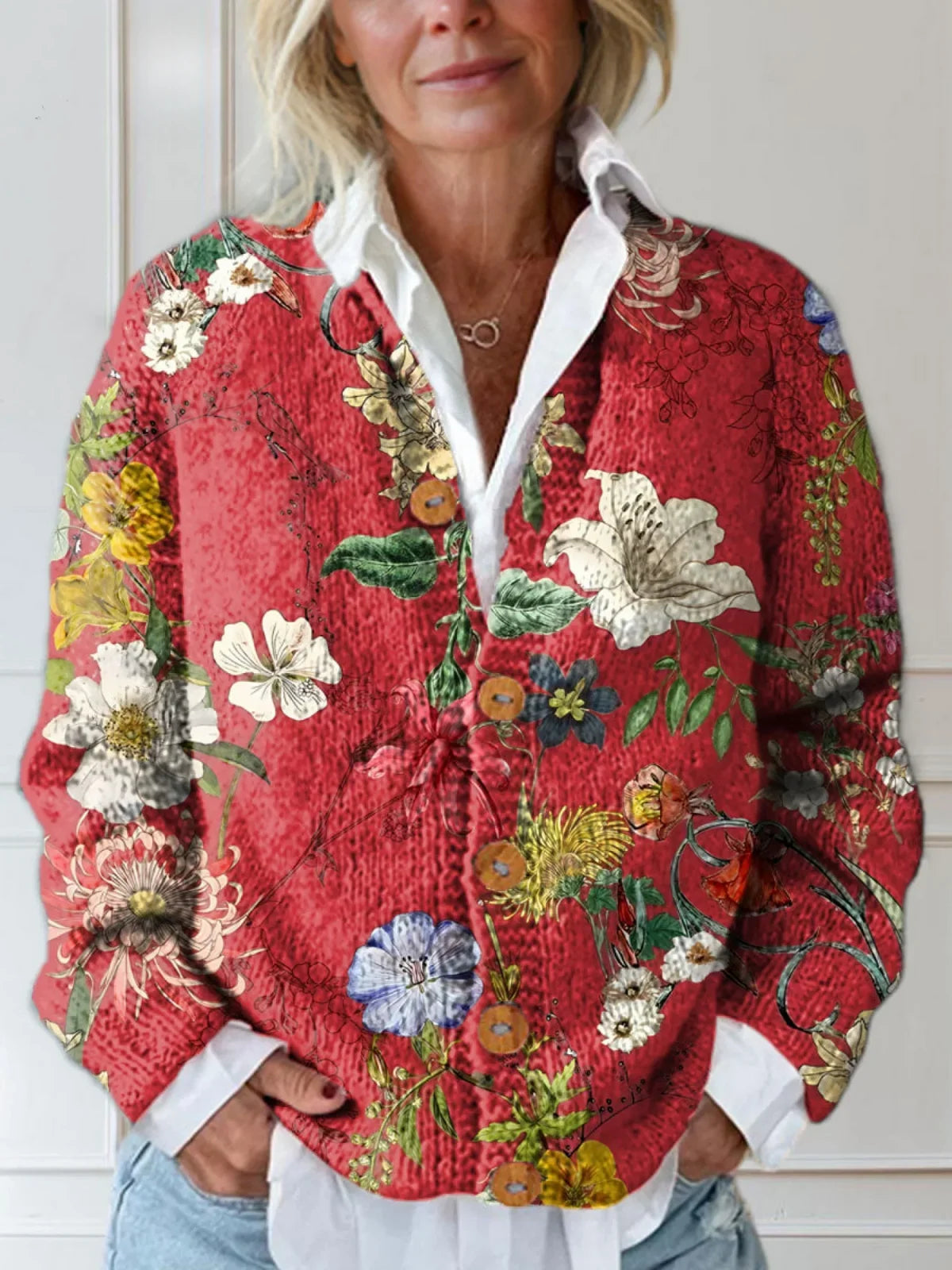 Women's quilted button-down cardigan with floral print – Red