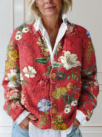 Women's quilted button-down cardigan with floral print – Red