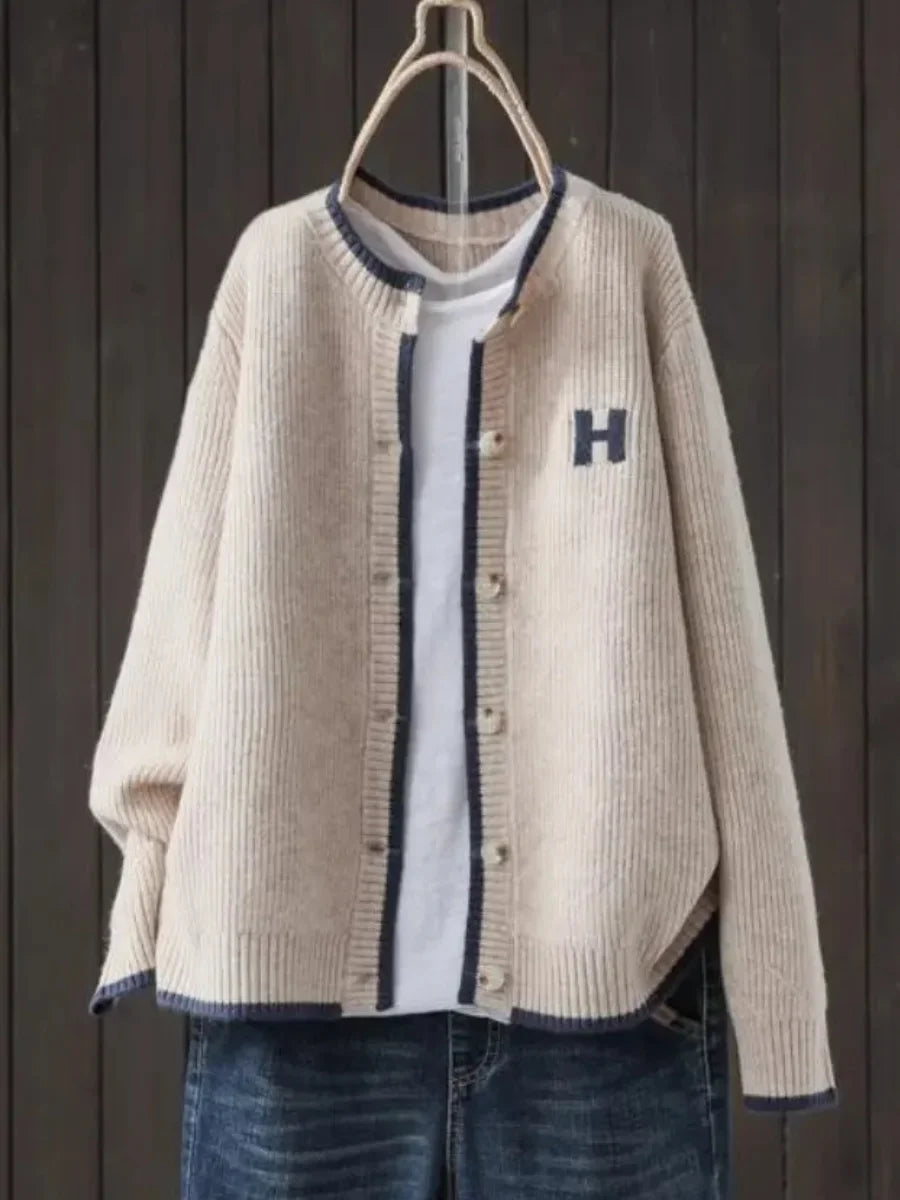 Women's ribbed knit button-down cardigan with crew neck – Khaki