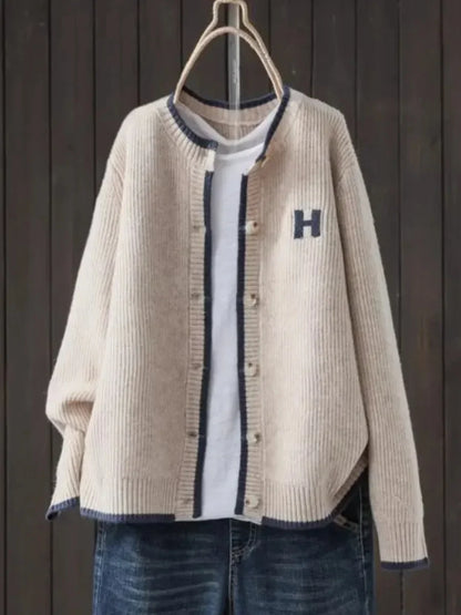 Women's ribbed knit button-down cardigan with crew neck – Khaki