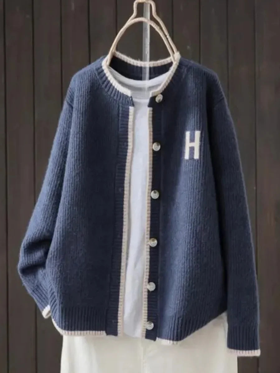 Women's ribbed knit button-down cardigan with crew neck – Navy Blue