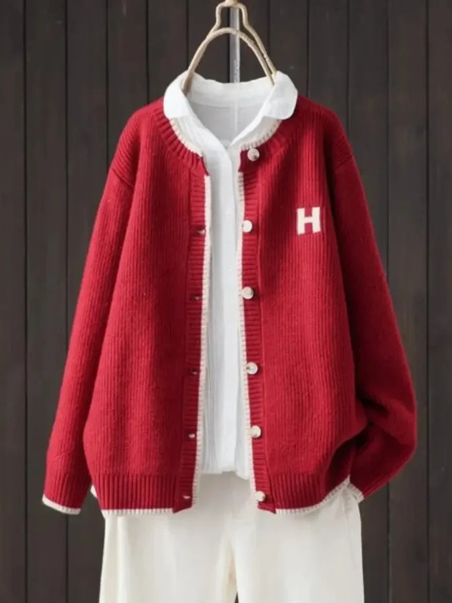 Women's ribbed knit button-down cardigan with crew neck – Red
