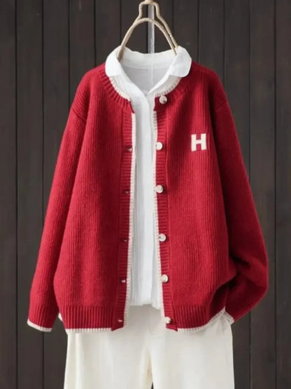 Women's ribbed knit button-down cardigan with crew neck – Red