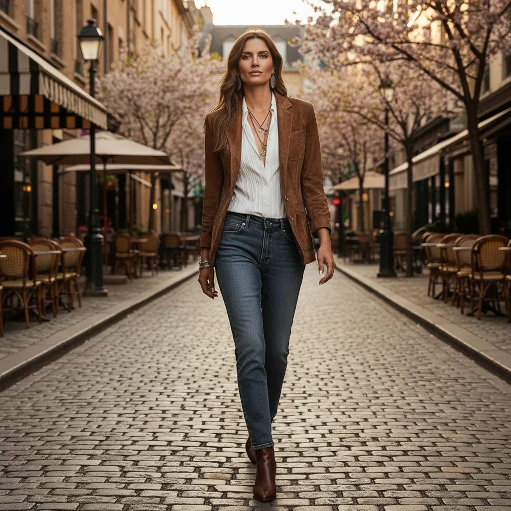 Women's button-down suede blazer with relaxed silhouette – Brown