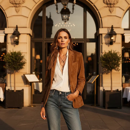 Women's button-down suede blazer with relaxed silhouette – Brown