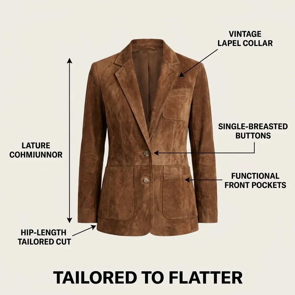 Women's button-down suede blazer with relaxed silhouette – Brown