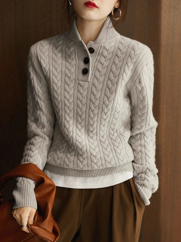 Women's cable knit button-up cardigan with relaxed fit