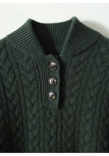 Women's cable knit button-up cardigan with relaxed fit