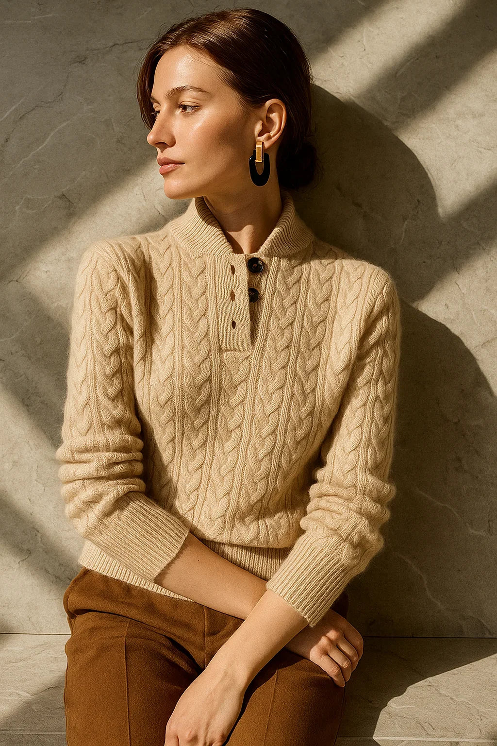 Women's cable knit button-up cardigan with relaxed fit