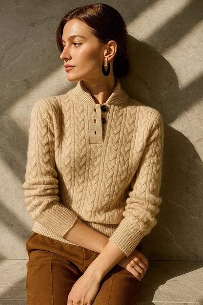 Women's cable knit button-up cardigan with relaxed fit