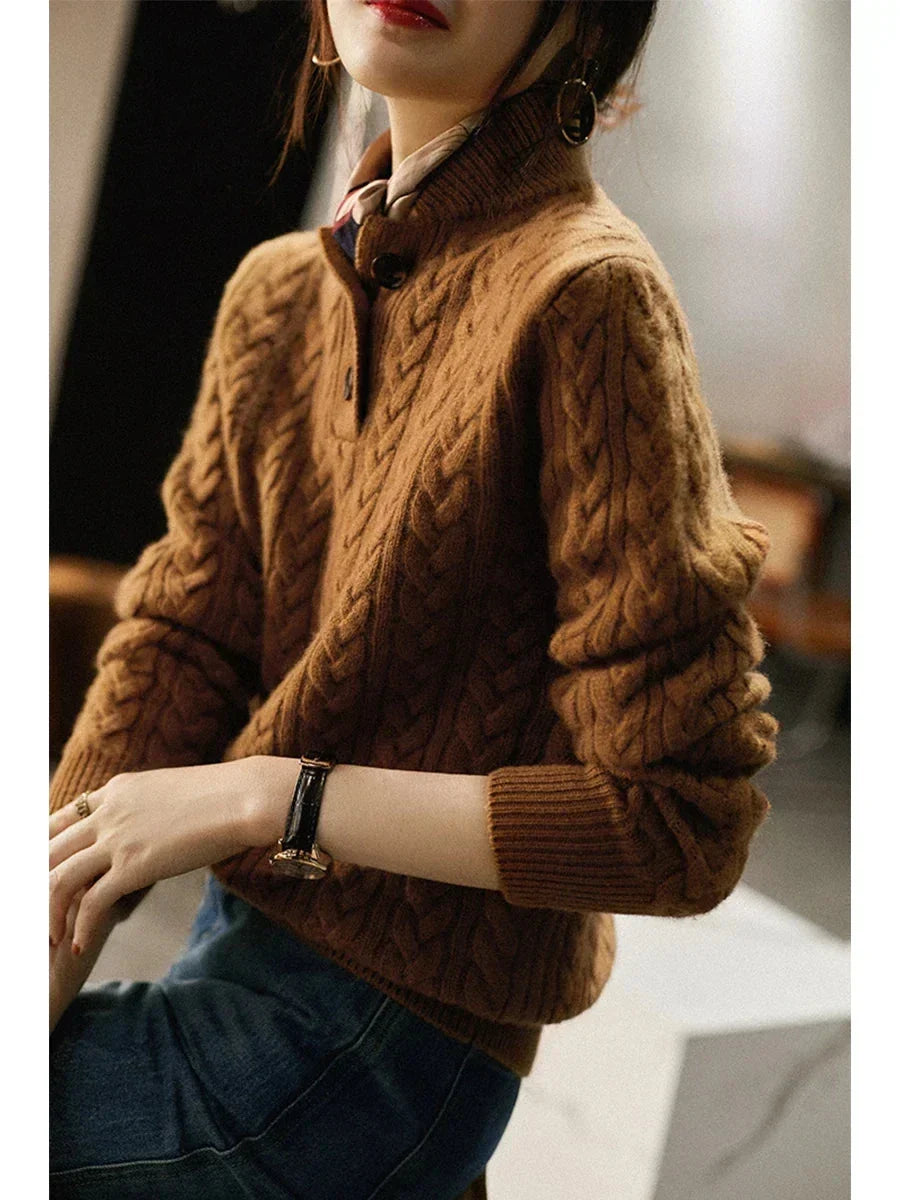 Women's cable knit button-up cardigan with relaxed fit