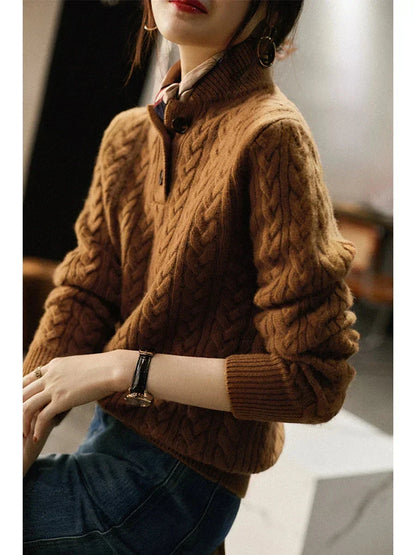 Women's cable knit button-up cardigan with relaxed fit