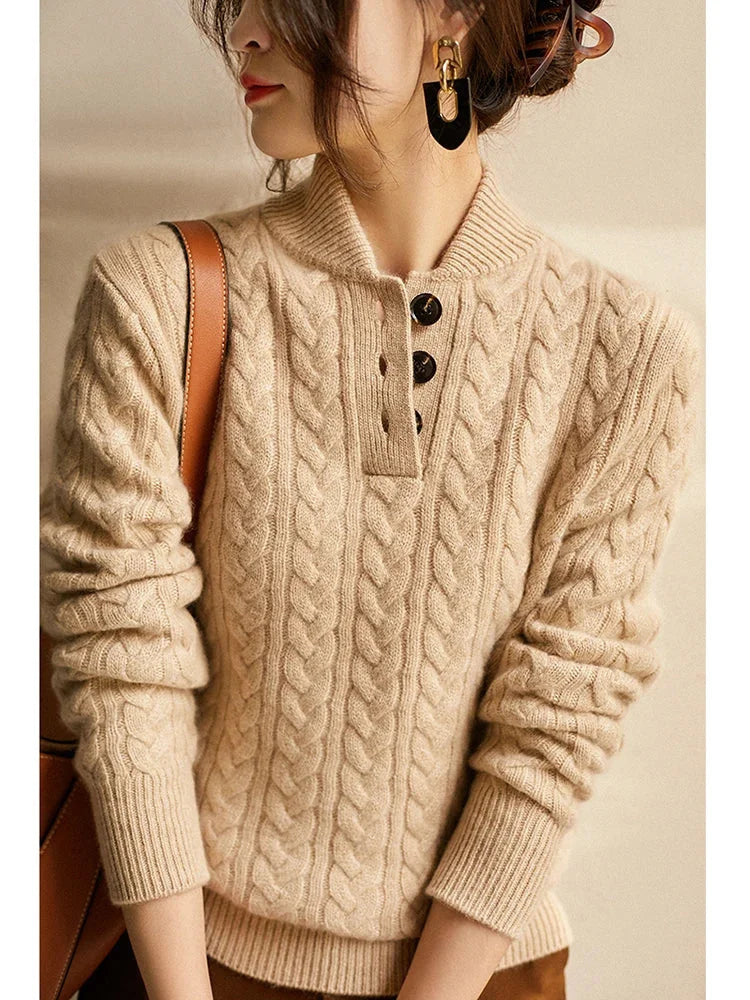 Women's cable knit button-up cardigan with relaxed fit