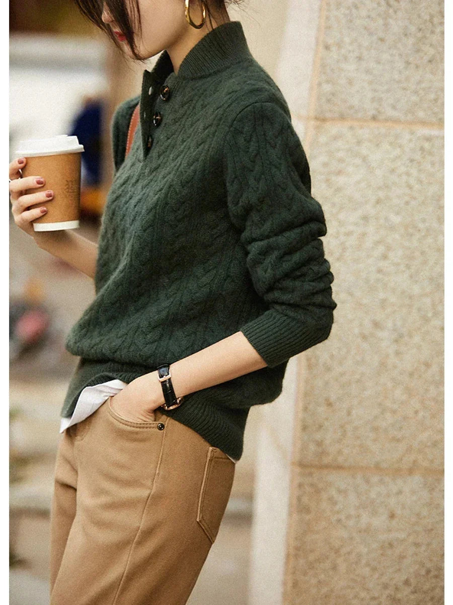 Women's cable knit button-up cardigan with relaxed fit