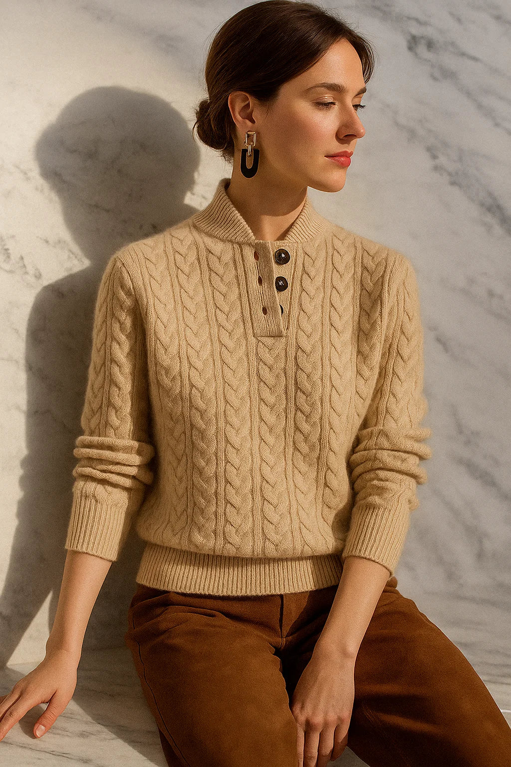 Women's cable knit button-up cardigan with relaxed fit
