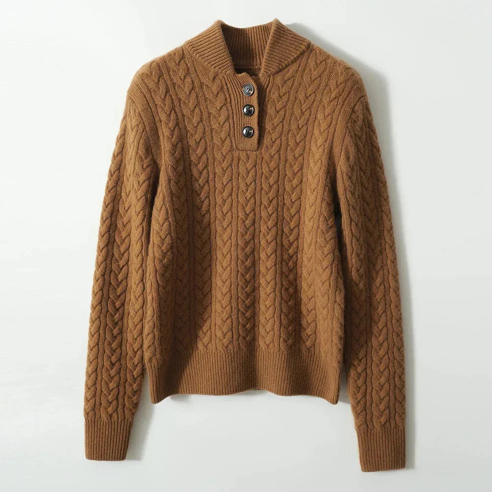 Women's cable knit button-up cardigan with relaxed fit