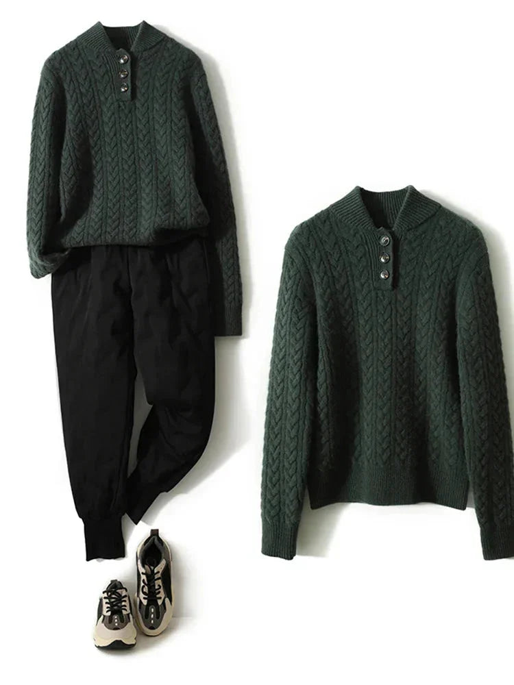 Women's cable knit button-up cardigan with relaxed fit
