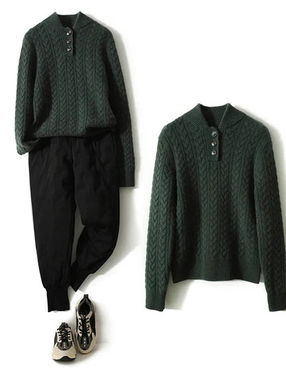 Women's cable knit button-up cardigan with relaxed fit