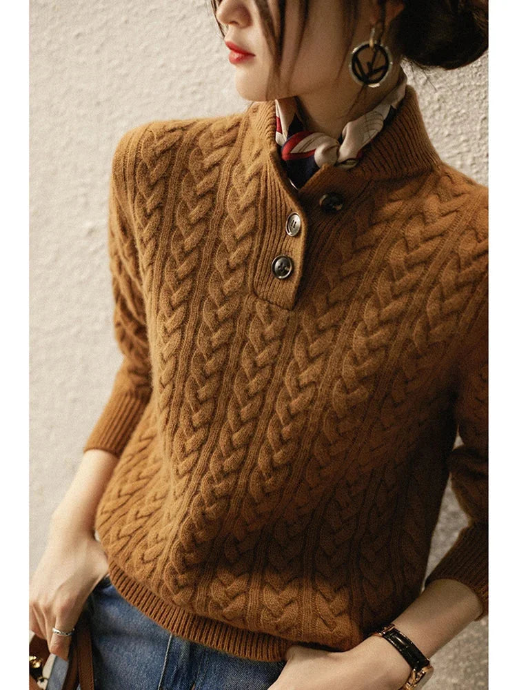 Women's cable knit button-up cardigan with relaxed fit