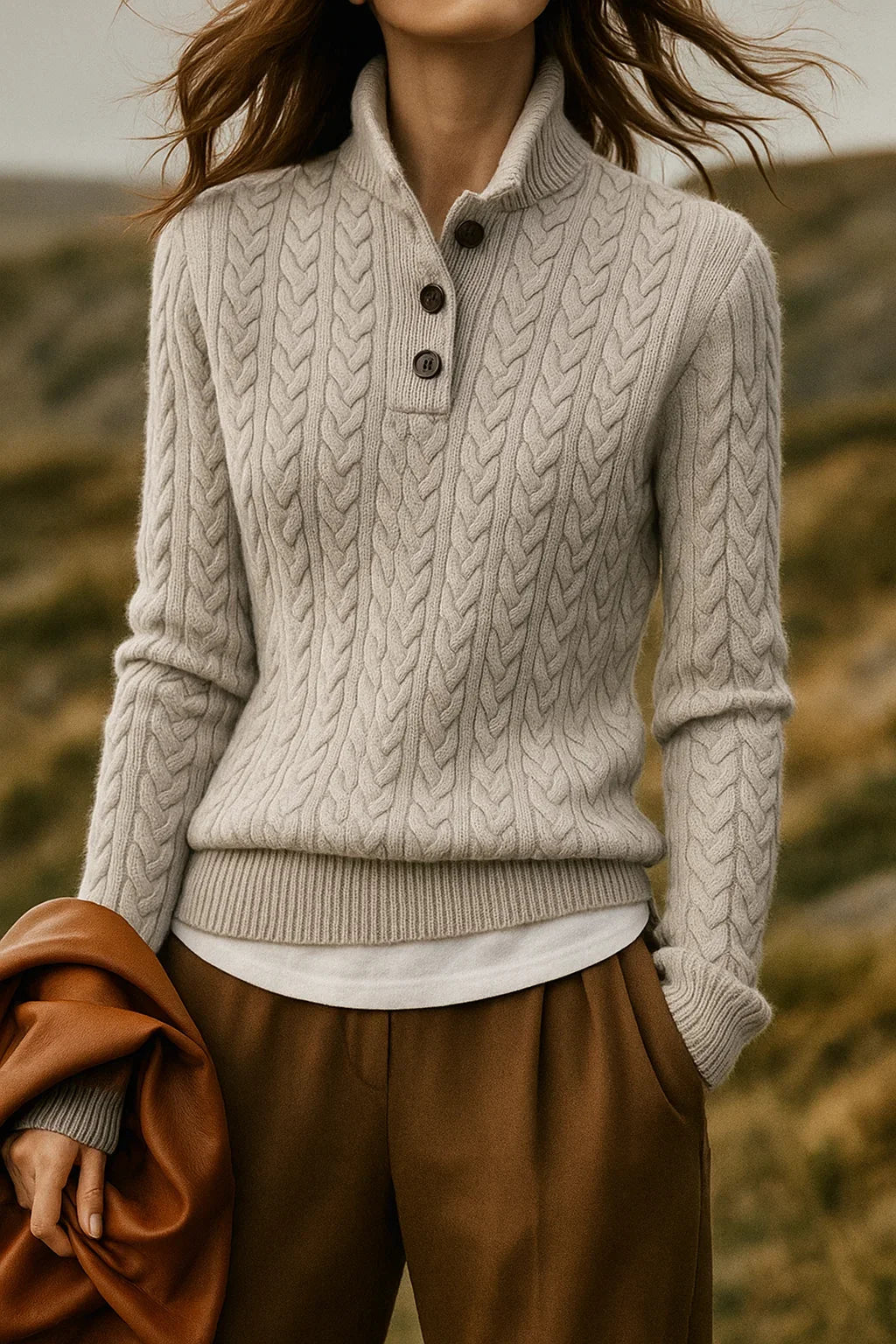 Women's cable knit button-up cardigan with relaxed fit – Gray