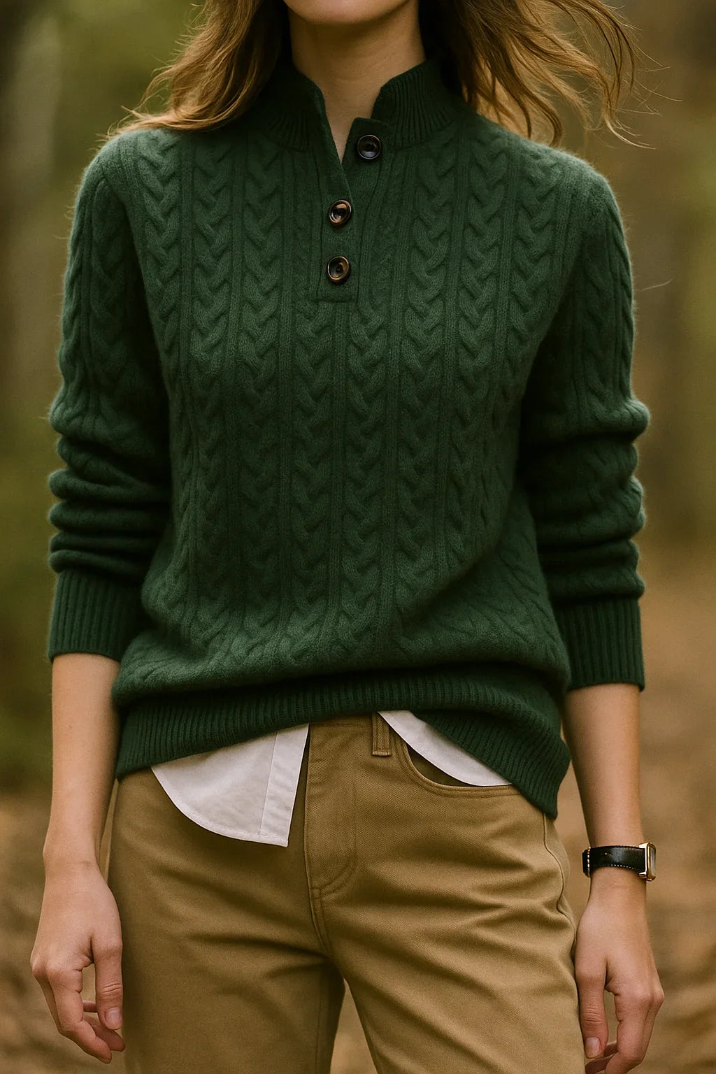 Women's cable knit button-up cardigan with relaxed fit – Olive