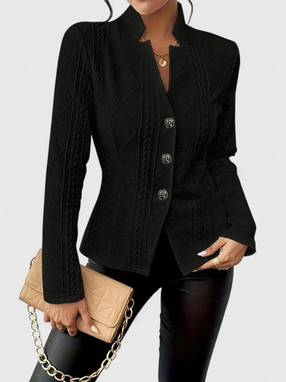 Women's cable knit blazer with notch lapel collar – Black