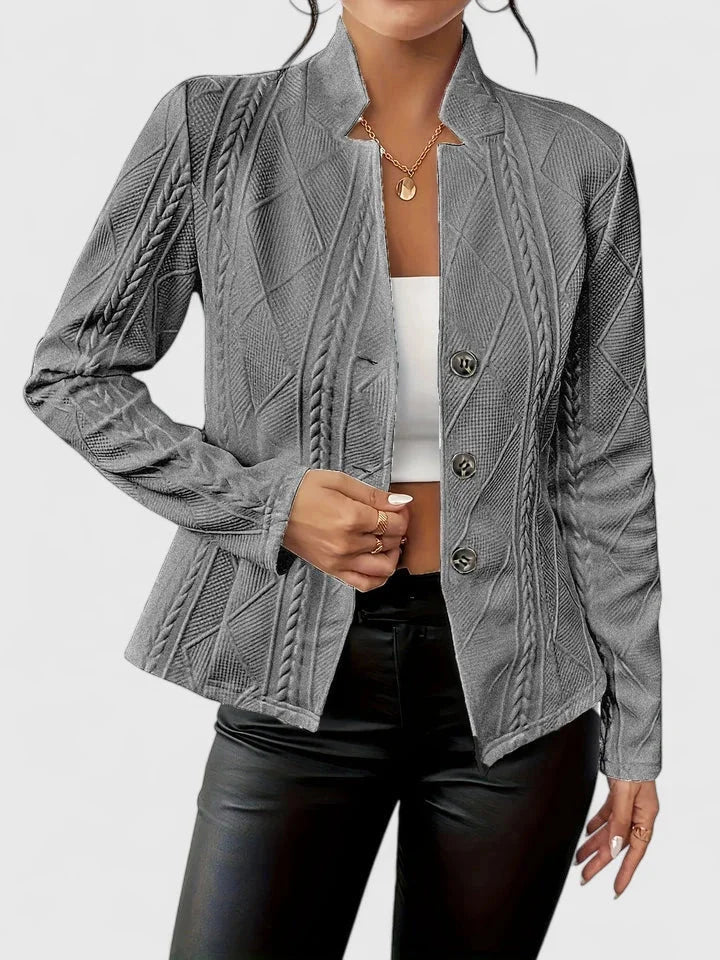 Women's cable knit blazer with notch lapel collar – Gray