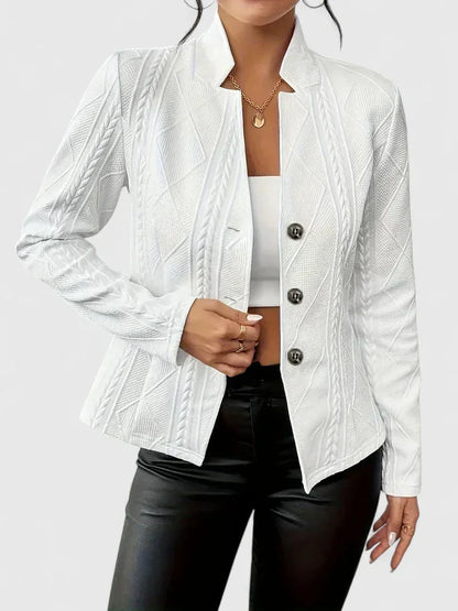 Women's cable knit blazer with notch lapel collar – White