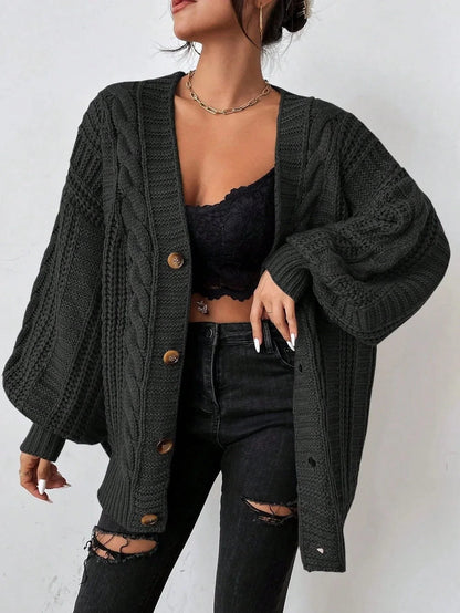 Women's oversized cable knit cardigan with button-down front – Black