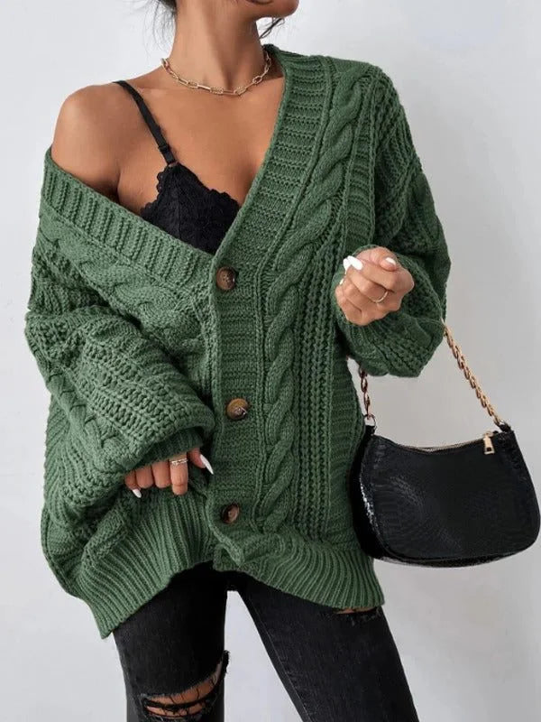 Women's oversized cable knit cardigan with button-down front – Green