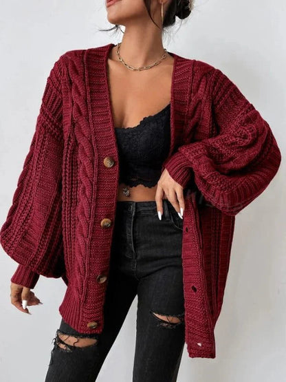 Women's oversized cable knit cardigan with button-down front – Red