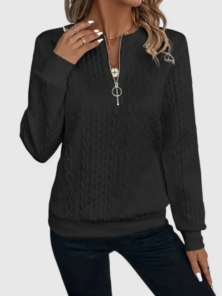 Women's cable knit pullover sweater with V-neckline detail – Black