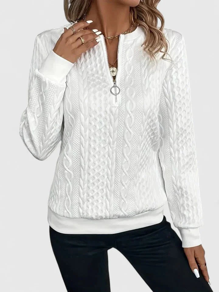Women's cable knit pullover sweater with V-neckline detail – White
