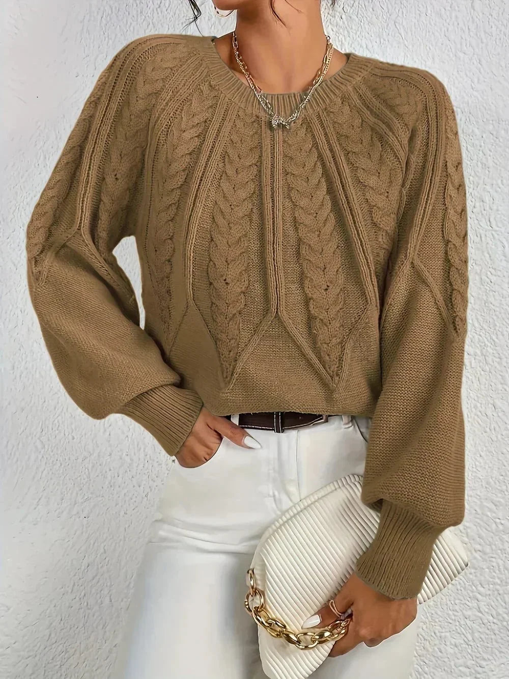 Women's cable knit crew neck sweater with cropped fit – Brown