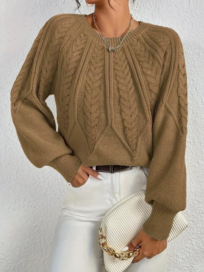 Women's cable knit crew neck sweater with cropped fit – Brown