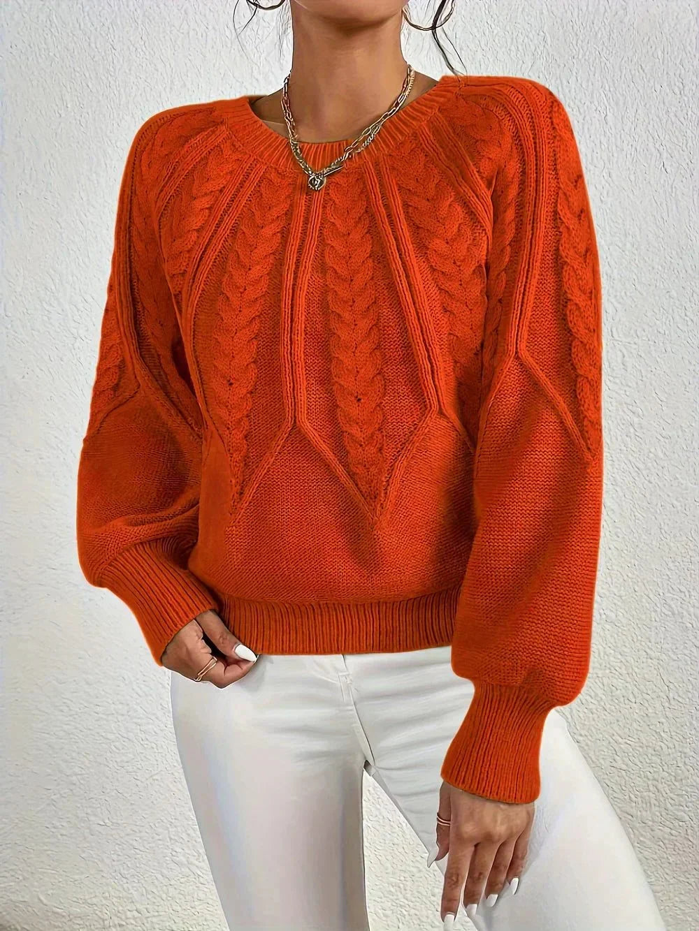 Women's cable knit crew neck sweater with cropped fit – Orange