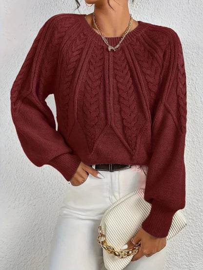 Women's cable knit crew neck sweater with cropped fit – Red