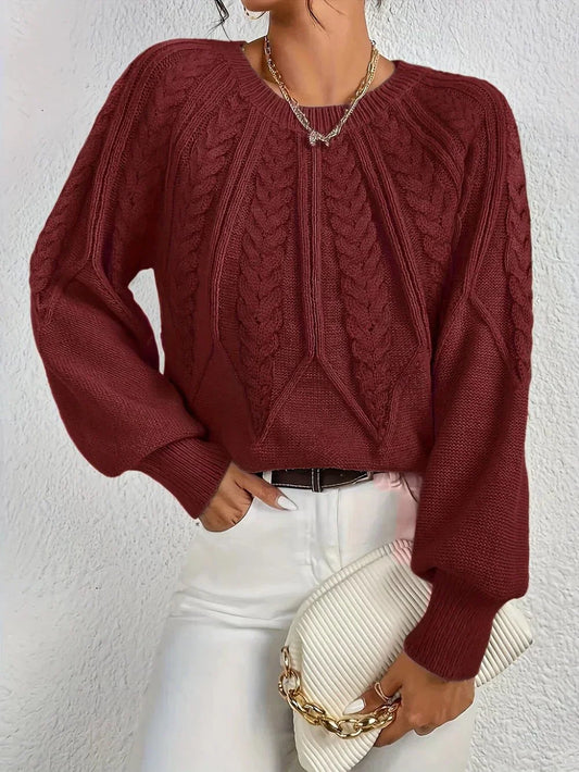 Women's cable knit crew neck sweater with cropped fit – Red